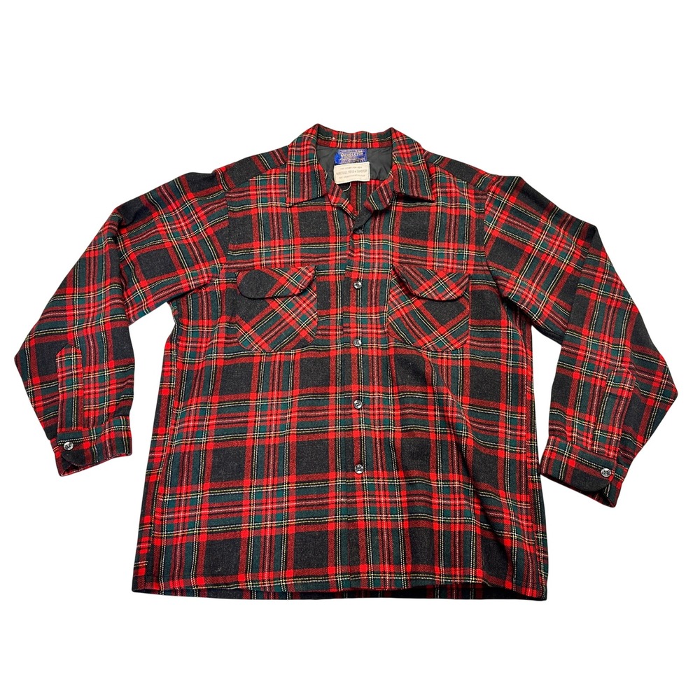 Vintage 50s 60s Pendleton Wool Board Shirt Mens Large Red Plaid Marshall Field